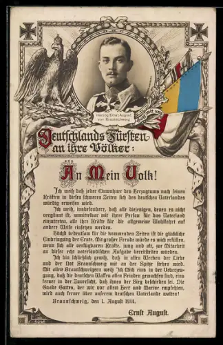 AK Ernst August Herzog von Braunschweig, Text An mein Volk! 1914, Portrait, Fahnen, Adler