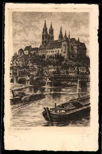 AK Meissen, Königliche Albrechtsburg mit Elbschiffen