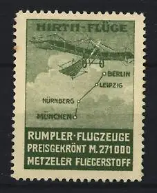 Reklamemarke Deutschland, Hirth-Flüge, Rumpler-Flugzeuge, Karte mit Route von München nach Berlin