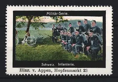 Reklamemarke Schweiz, Infanterie, Militär-Serie mit Soldaten und Fahrrad