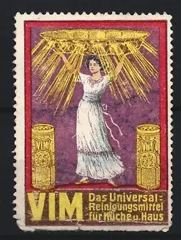 Reklamemarke VIM Das Universal-Reinigungsmittel, Frau mit goldenen Strahlen und Dosen