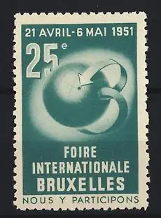 Reklamemarke Brüssel - Bruxelles, Foire Internationale 1951, Globus mit Pfeilen