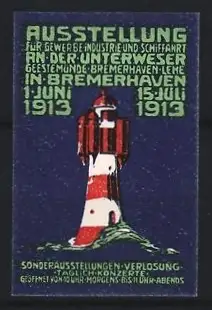 Reklamemarke Bremerhaven, Ausstellung für Gewerbe Industrie und Schifffahrt 1913, Leuchtturm Roter Sand