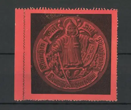 Reklamemarke München, Deutsche Fechterschau 1912, Münchner Kindl mit Degen und Schild Gut Hieb