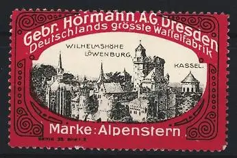 Reklamemarke Dresden, Gebr. Hörmann AG Deutschlands grösste Waffelfabrik, Wilhelmshöhe Löwenburg zu Kassel