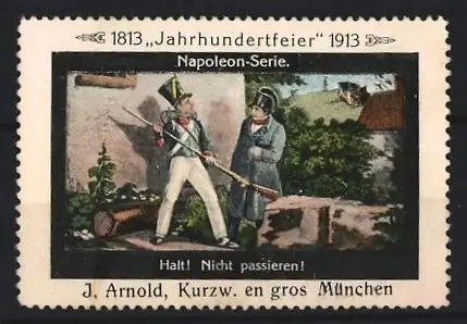 Reklamemarke Befreiungskriege Jahrhundertfeier 1813 -1913, Napoleon Bonaparte trifft auf einfachen Soldat