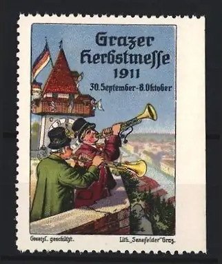 Reklamemarke Graz, Grazer Herbstmesse 1911, Trompeter auf der Festungsmauer