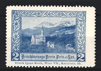 Reklamemarke Prein an der Rax, Verschönerungs-Verein, Kirche und Berge