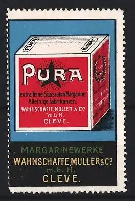 Reklamemarke Cleve, Pura Margarine Wahnschaffe, Muller & Co., Margarinewürfel