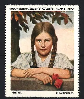 Reklamemarke München, Luiferl, Mädchen mit Zöpfen und Blume, L. v. Zumbusch