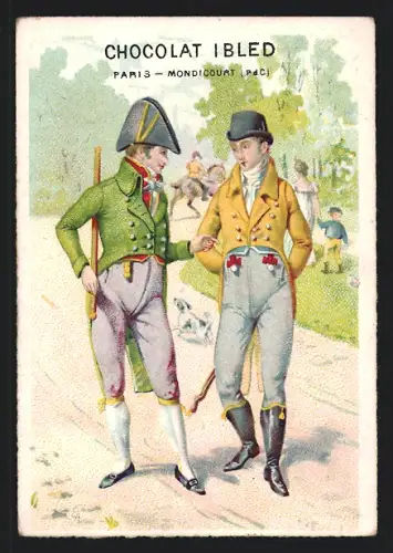 Sammelbild Chocolat Ibled, Paris, Mondicourt, Männer beim Spaziergang