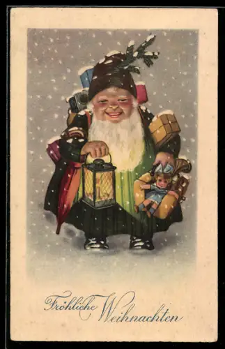 AK Lächelnder Weihnachtsmann mit Laterne und Geschenken