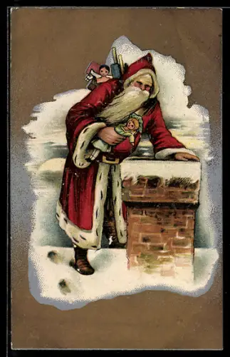 AK Weihnachtsmann will durch den Schornstein ins Haus hinein, Weihnachtsgrüsse