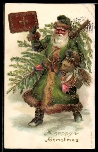 AK Weihnachtsmann mit Lebkuchen und Tannenbaum