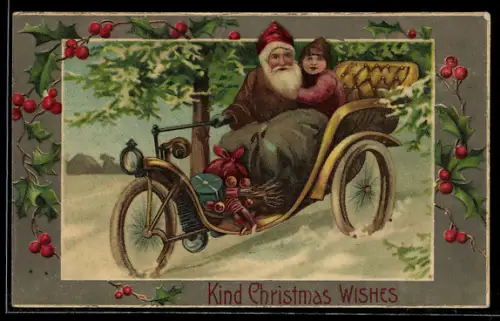 AK Weihnachtsmann fährt mit Kind durch eine verschneite Gegend, Stechpalmenzweige im Passepartout