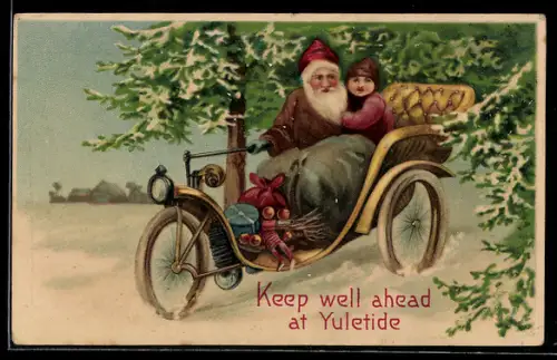 AK Weihnachtsmann fährt mit Kind durch eine verschneite Gegend