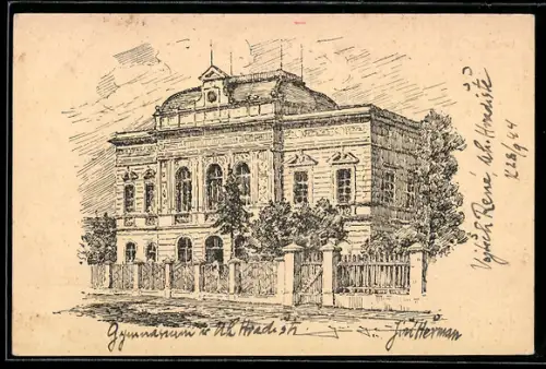 Künstler-AK Uh. Hradiste, St. csl reál. gymnasium