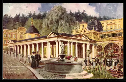 Künstler-AK sign. Charles F. Flower: Marienbad, Partie am Kreuzbrunnen
