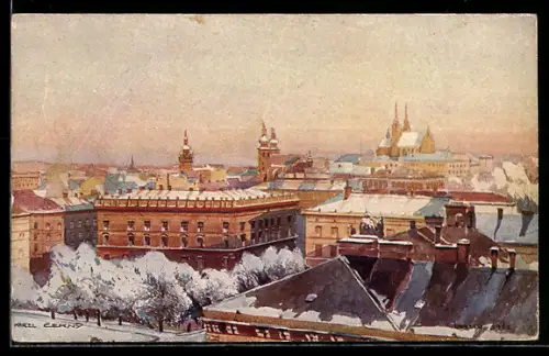 Künstler-AK sign. Karel Cerny: Brno, Teilansicht des Ortes aus der Vogelschau