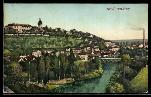AK Nové Benátky, Panorama mit Fabrikanlage