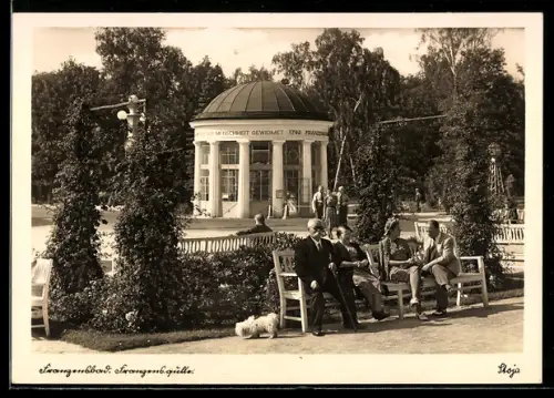 AK Franzensbad, Gruppe mit Hund im Kurpark, Franzensquelle