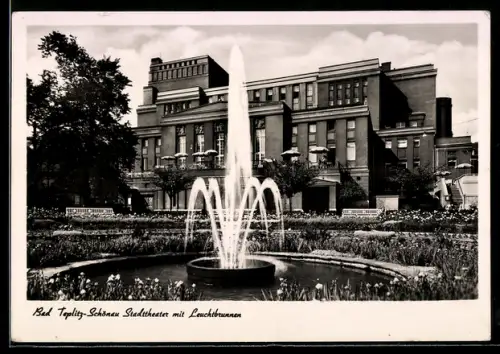 AK Bad Teplitz-Schönau, Stadttheater mit Leuchtbrunnen