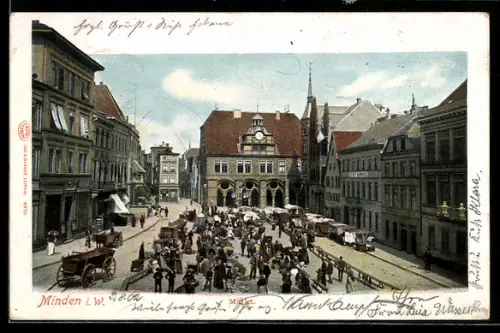 AK Minden i. W., Markt, Rathaus, Strassenleben