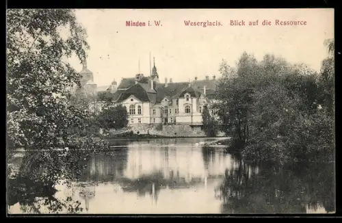 AK Minden i. W., Strasse u. Häuser am Weserglacis, Blick auf die Ressource