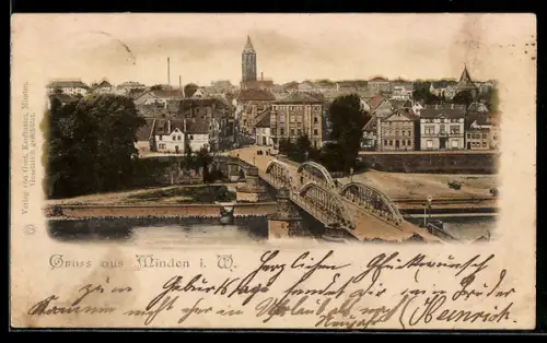 AK Minden i. W., Brücke, Stadtansicht, Kirchturm