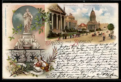 Lithographie Berlin, Schauspielhaus, Gendarmenmarkt, Schiller-Denkmal