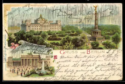 Lithographie Berlin-Tiergarten, Reichstagsgebäude, Siegessäule, Brandenburger Tor