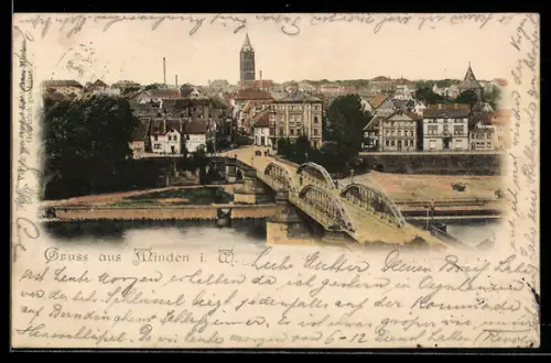 AK Minden i. W., Brücke über die Weser und Stadtansicht