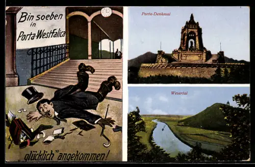 AK Porta Westfalica, Porta-Denkmal, Wesertal, Humoristische Szene v. d. Bahnhof