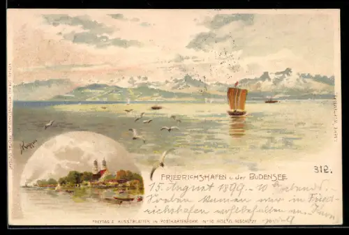 Lithographie Friedrichshafen a. d. Bodensee, Seepartie mit Segelbooten u. Bergpanorama, Uferpartie mit Kirche