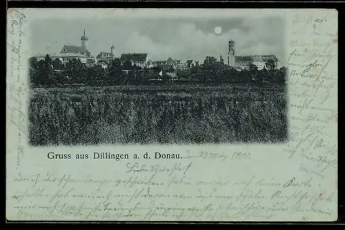 Mondschein-AK Dillingen a. d. Donau, Ortspanorama mit Kirche