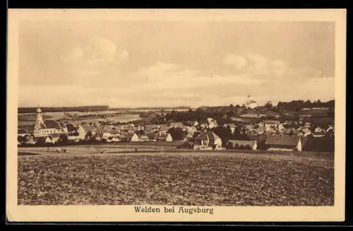 AK Welden bei Augsburg, Ortsansicht von einem Acker aus