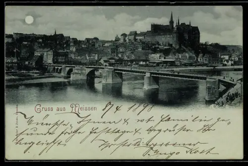 Mondschein-AK Meissen, Altstadt, Albrechtsburg, Elbbrücke