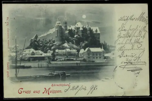 Mondschein-AK Meissen, Teilansicht mit Albrechtsburg im Winter