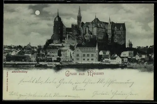 Mondschein-AK Meissen, Stadtpanorama mit Albrechtsburg