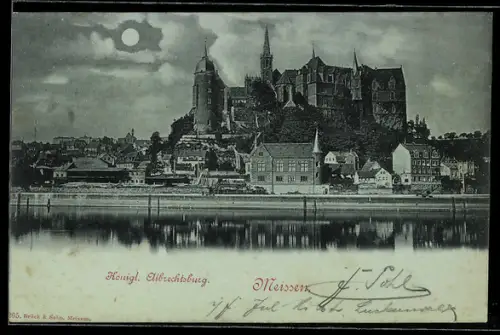 Mondschein-AK Meissen, Königl. Albrechtsburg u. Stadtpanorama vom Wasser aus