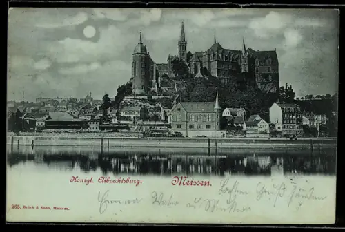 Mondschein-AK Meissen, Königl. Albrechtsburg, Panorama vom Wasser