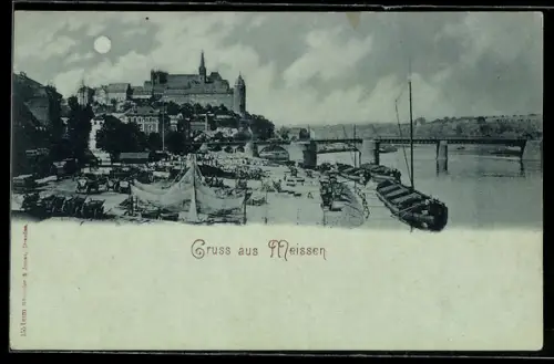 Mondschein-AK Meissen, Burgberg, Elbe, Brücke, Hafen