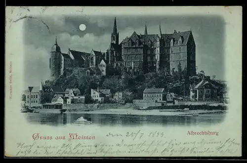 Mondschein-AK Meissen, Albrechtsburg vom Wasser aus