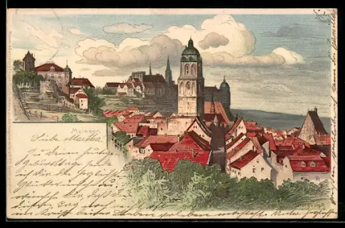 Künstler-AK Meissen, Albrechtsburg, Dom, Stadtansicht