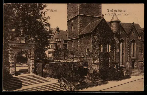 AK Meissen, Tuchmachertor und Frauenkirche aus der Vogelschau