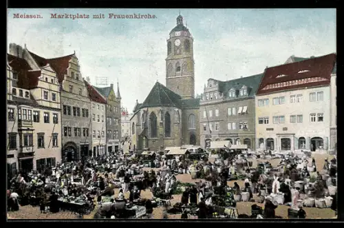 AK Meissen, Marktplatz mit Marktbetrieb u. Frauenkirche