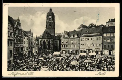 AK Meissen a.d. Elbe, Markt mit Marktständen, Frauenkirche