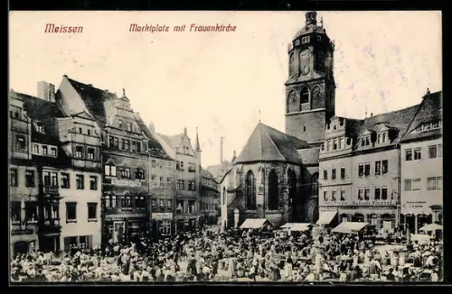 AK Meissen, Marktplatz mit Frauenkirche, Wochenmarkt
