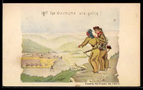 AK Printed By War Prisoners` Aid, YMCA, Uff! The Germans are going!, Winnetou und Old Shatterhand