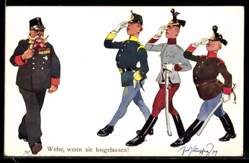 Künstler-AK Fritz Schönpflug: Wehe, wenn sie losgelassen, Soldaten beim Salutieren